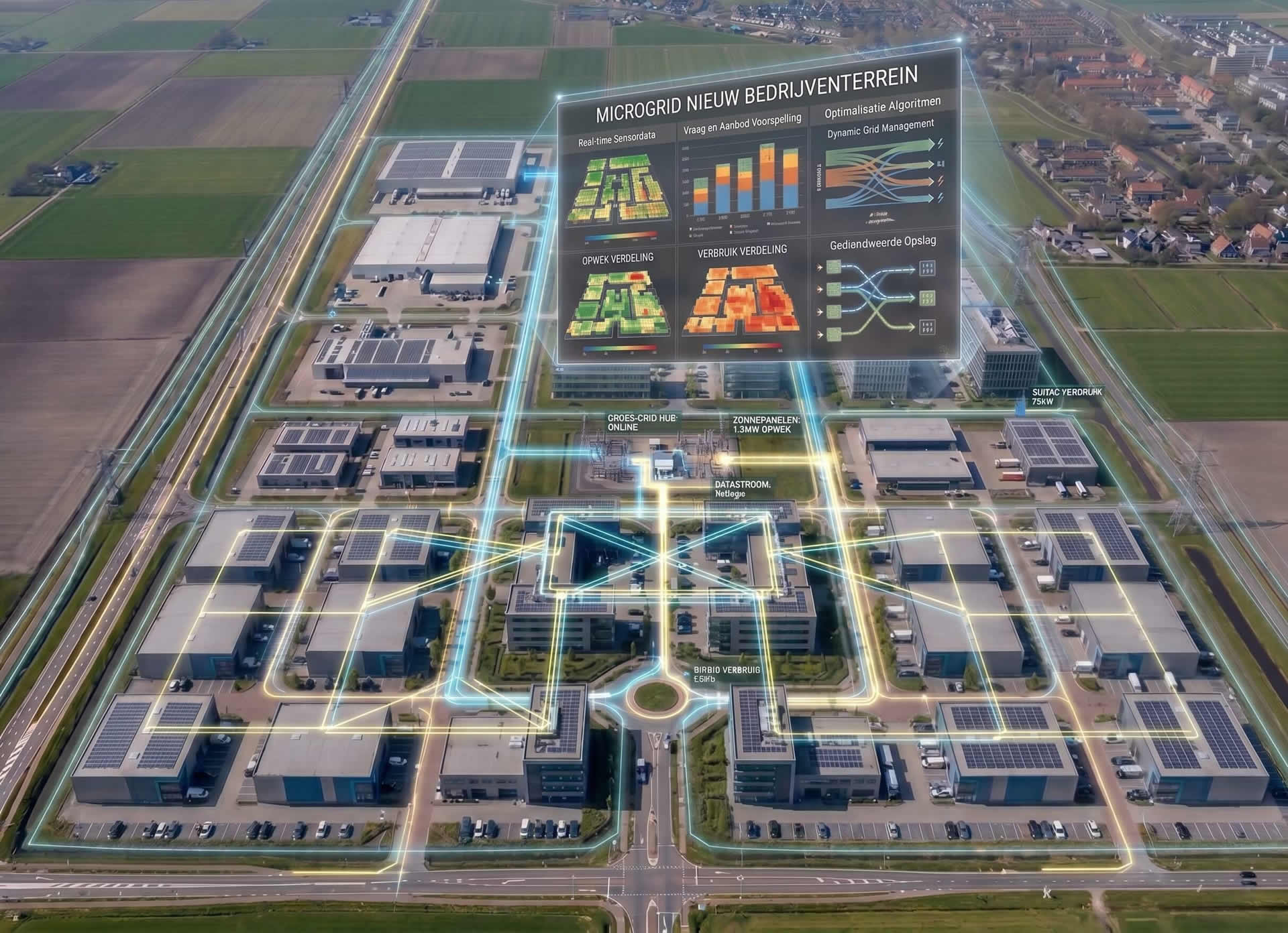 De energiestromen van bedrijven via een microgrid.