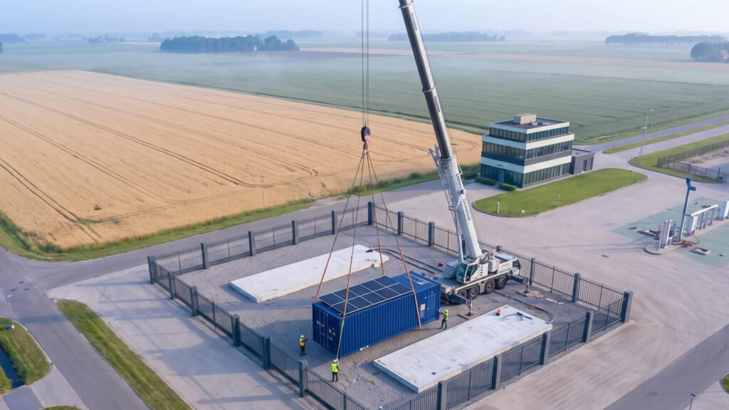 Een kraan hijst de propaangenerator op zijn plek